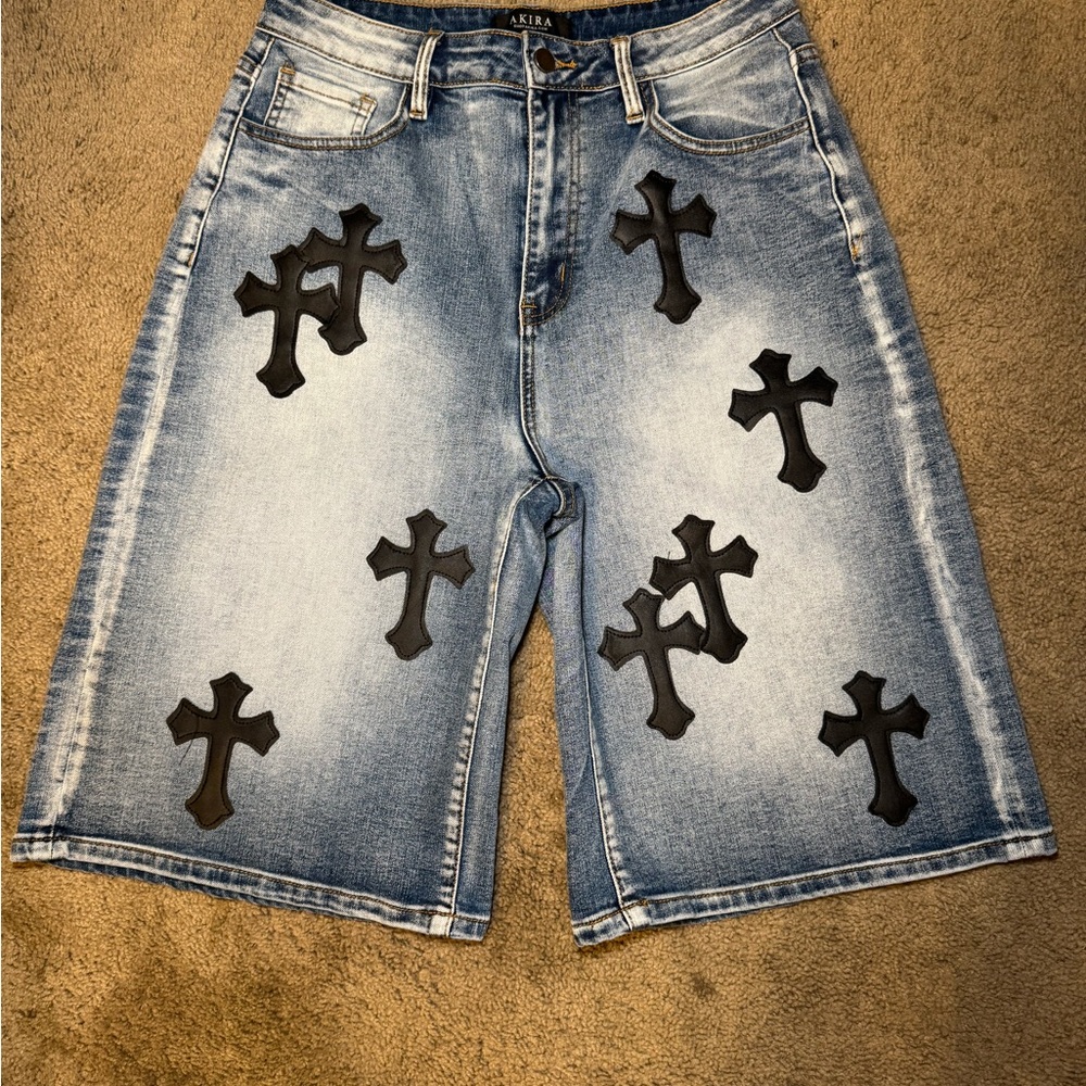 AKIRA Blue Denim Shorts with Black Cross Accents